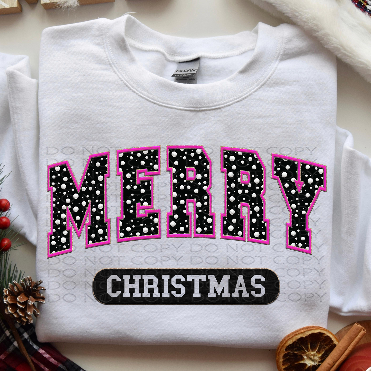 Merry Christmas Black and White Dot Faux 3D, Embroidery and Sparkle **EXCLUSIVE**  DTF & Sublimation Transfer