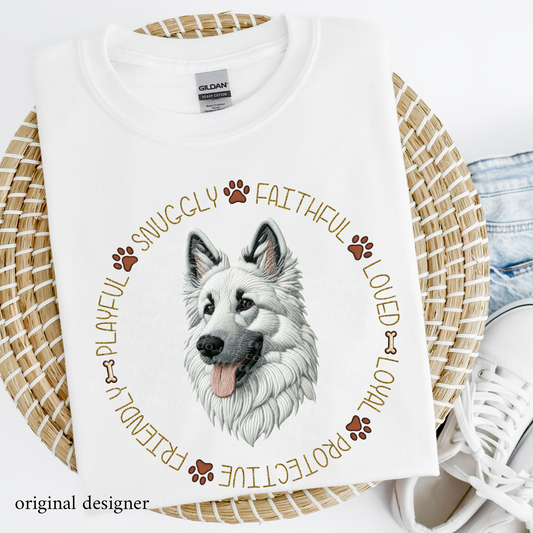 German Shepherd (white) Pet Traits **EXCLUSIVE** Faux Embroidery & Faux Sparkle DTF & Sublimation Transfer