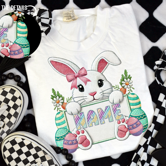 Bunny with Coquette Bow Customizable Name Faux Embroidery DTF & Sublimation Transfer