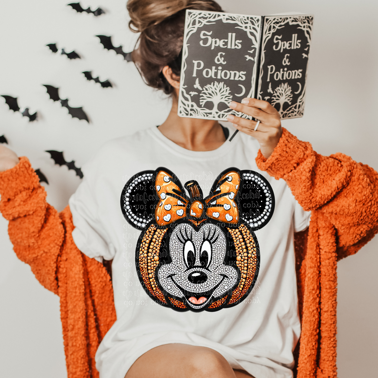 Girl Mouse Pumpkin Faux Rhinestone & Faux Embroidery DTF & Sublimation Transfer