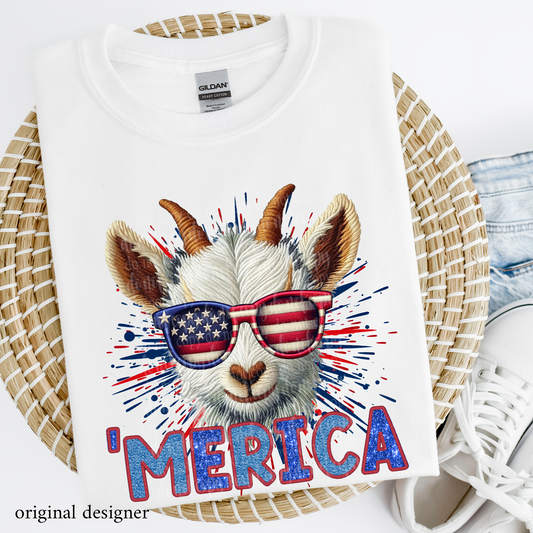 Goat 'Merica  **EXCLUSIVE** Faux Embroidery, Chenille, & Sparkle DTF & Sublimation Transfer