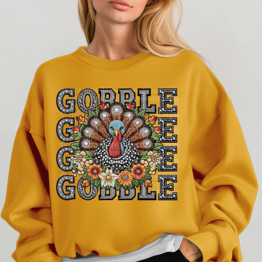 Gobble Turkey Repeat Words Faux Rhinestone & Faux Embroidery DTF & Sublimation Transfer