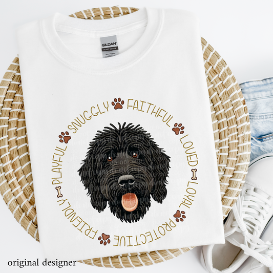 Goldendoodle (black) Pet Traits **EXCLUSIVE** Faux Embroidery & Faux Sparkle DTF & Sublimation Transfer