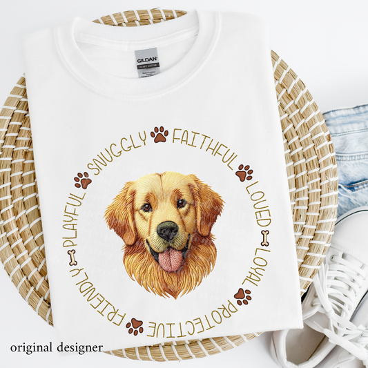 Golden Retriever Pet Traits **EXCLUSIVE** Faux Embroidery & Faux Sparkle DTF & Sublimation Transfer