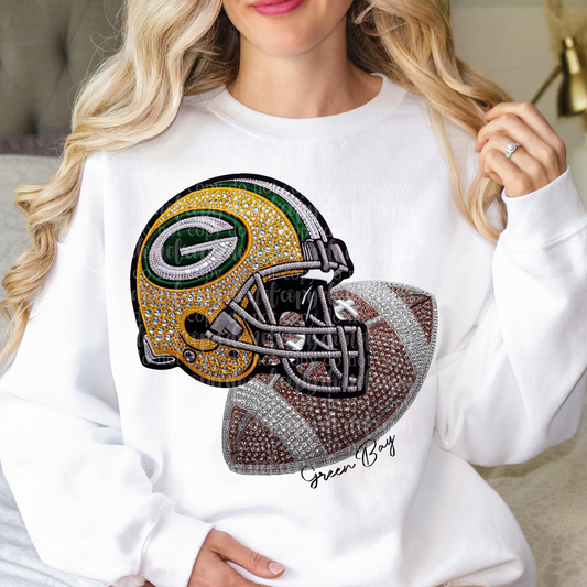 Green Bay Helmet Faux Rhinestone & Faux Embroidery DTF & Sublimation Transfer