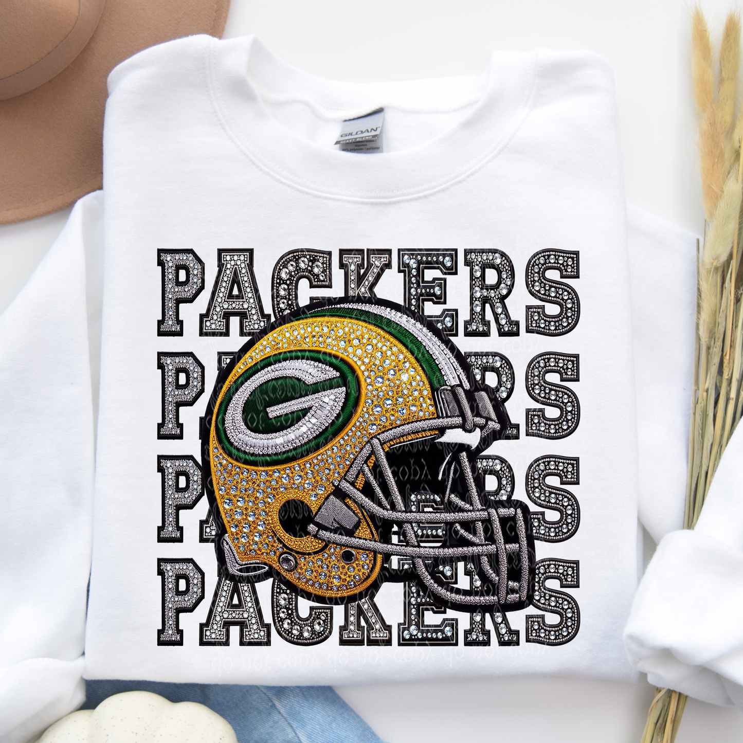 Green Bay Repeat Words Faux Rhinestone & Faux Embroidery DTF & Sublimation Transfer