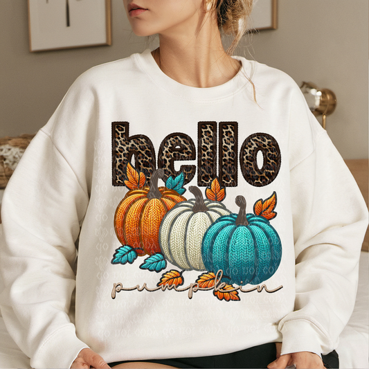 Hello Pumpkin Faux Knit & Faux Embroidery DTF & Sublimation Transfer