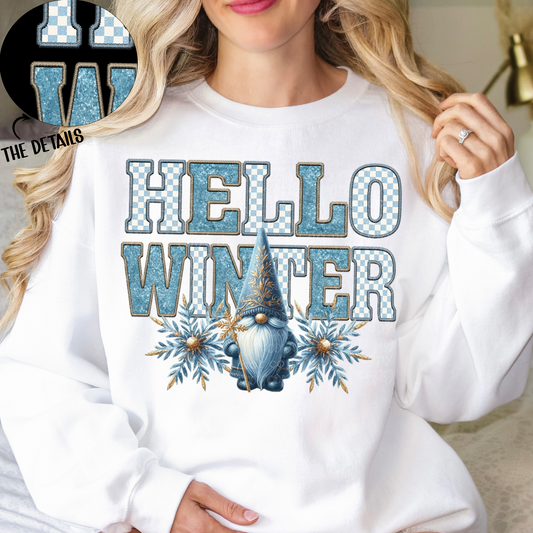 Hello Winter Gnome Faux Embroidery DTF & Sublimation Transfer