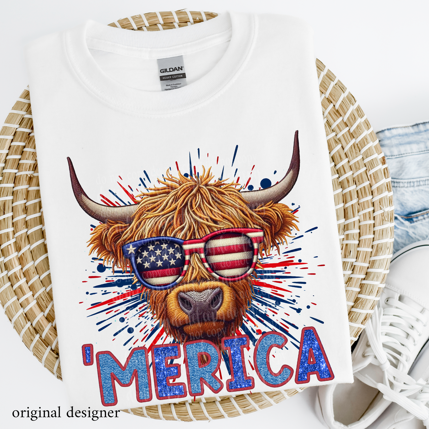 Highland Cow 'Merica **EXCLUSIVE** Faux Embroidery, Chenille, & Sparkle DTF & Sublimation Transfer