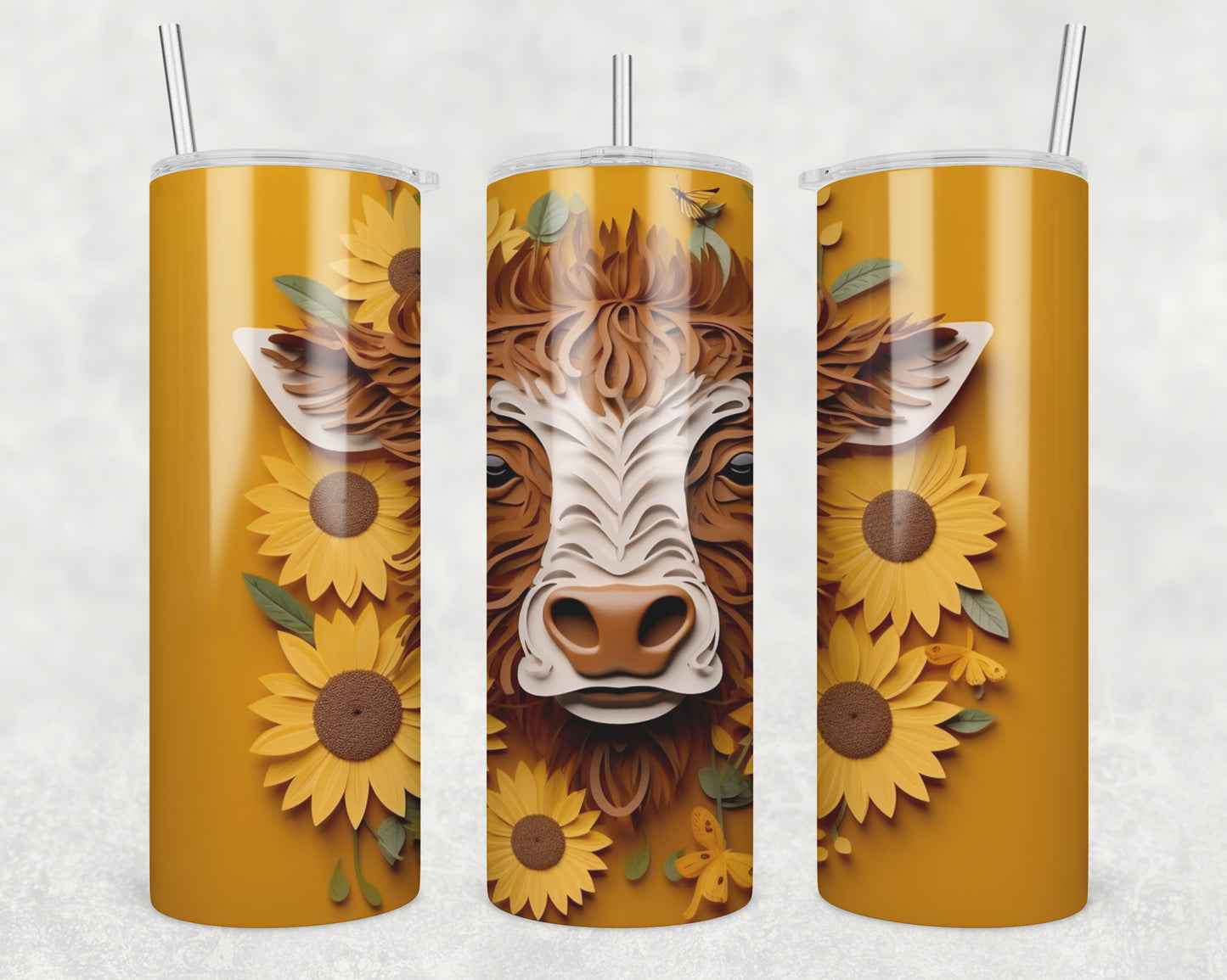 3D Highland Cow Sunflower Sublimation Transfer Tumbler Wrap 20oz (read description)