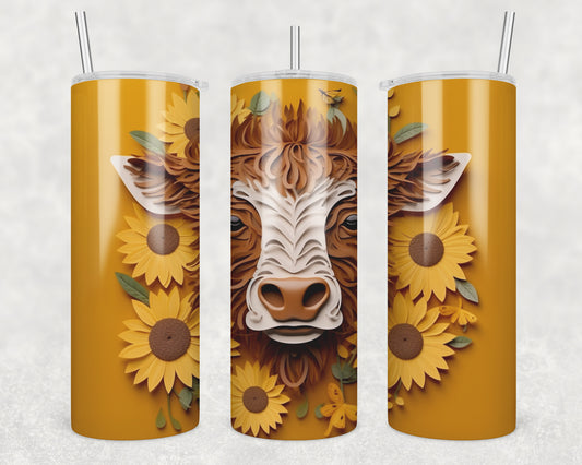 3D Highland Cow Sunflower Sublimation Transfer Tumbler Wrap 20oz (read description)