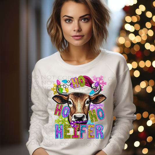 Ho Ho Ho Heifer Faux Embroidery and Sparkles DTF & Sublimation Transfer