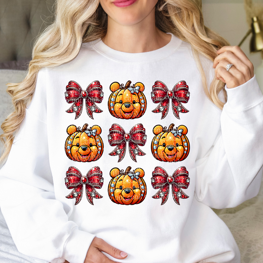 Honey Bear Pumpkin with Bows Faux Rhinestone & Faux Embroidery DTF & Sublimation Transfer