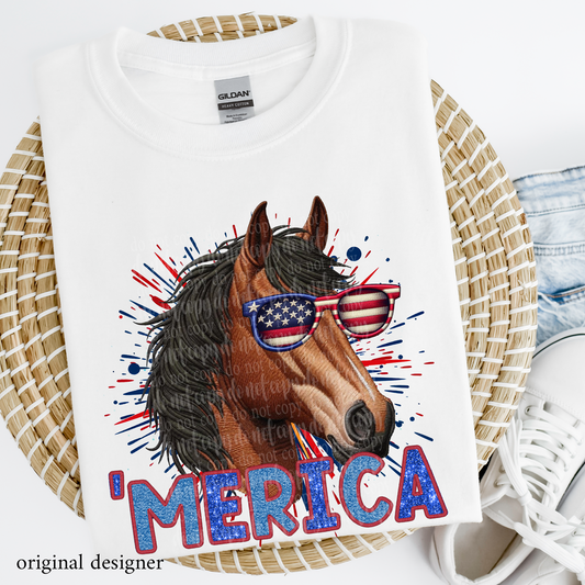 Horse 'Merica  **EXCLUSIVE** Faux Embroidery, Chenille, & Sparkle DTF & Sublimation Transfer