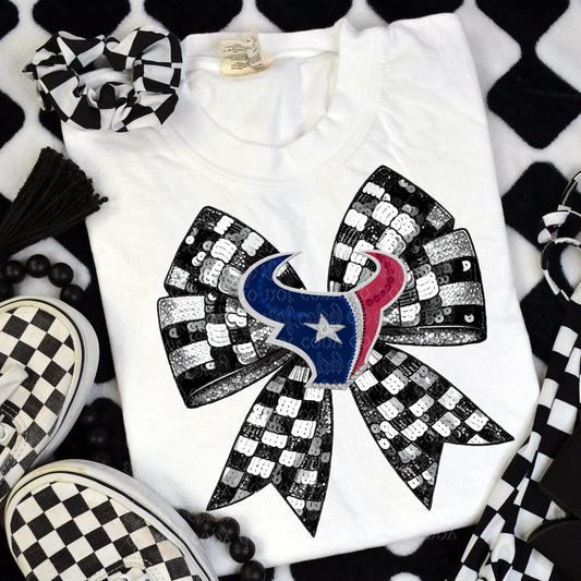 Houston Checker Coquette Bow Faux Sequin, Faux Rhinestone & Faux Embroidery DTF & Sublimation Transfer