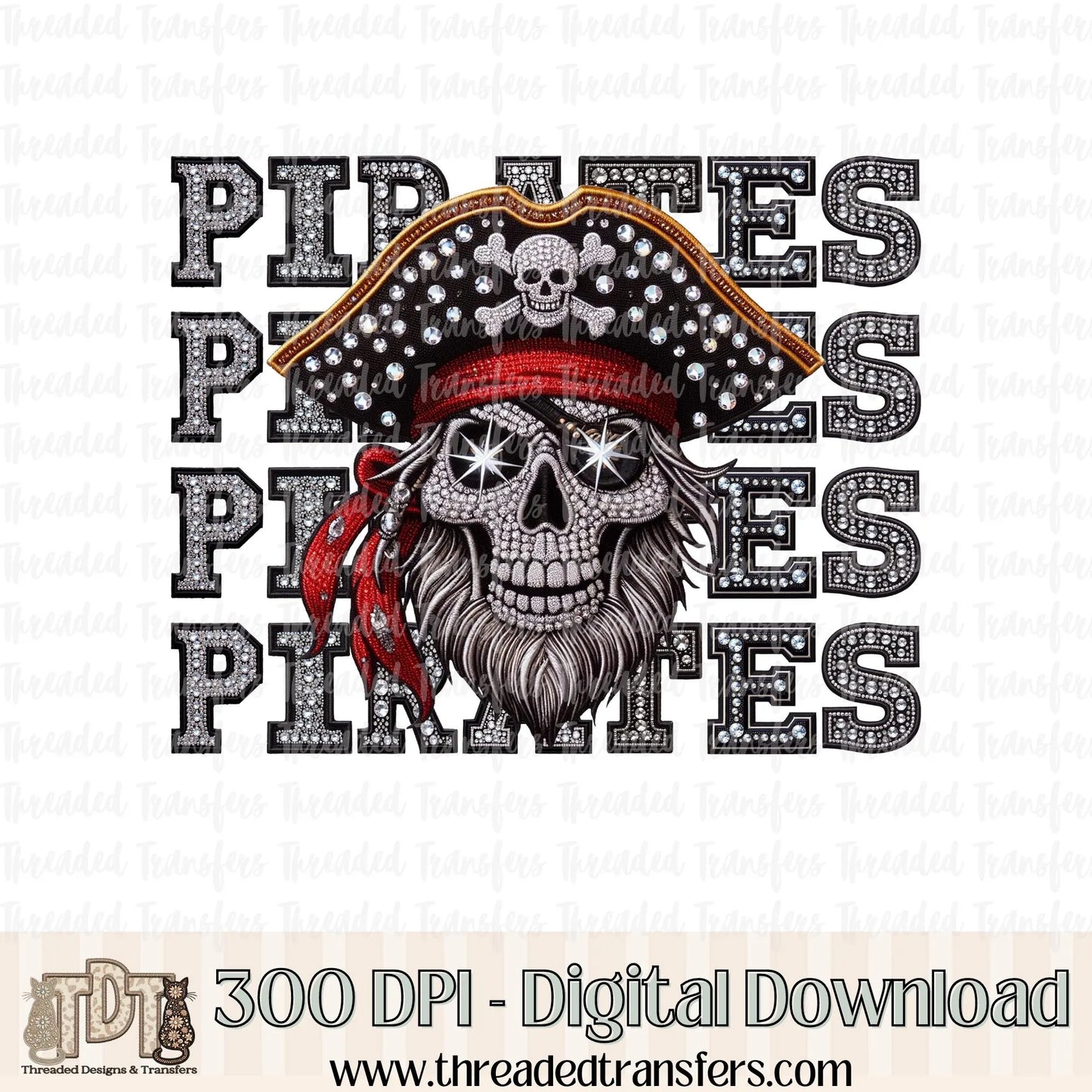 Pirates Mascot Repeat Words Faux Rhinestone & Faux Embroidery Digital Design Download (PNG Format - no product shipped)