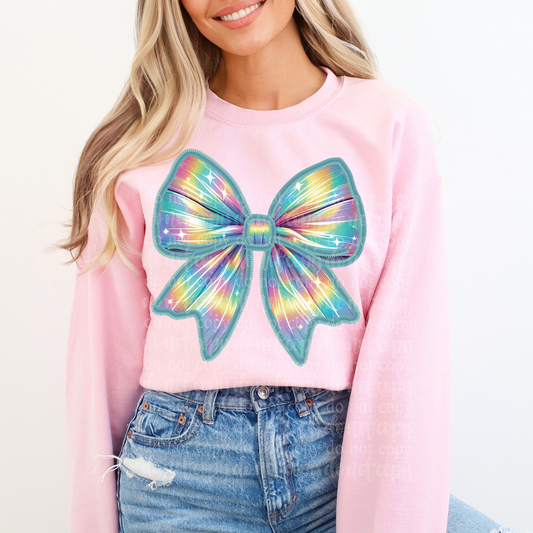 Iridescent Coquette Bow Faux Embroidery DTF & Sublimation Transfer