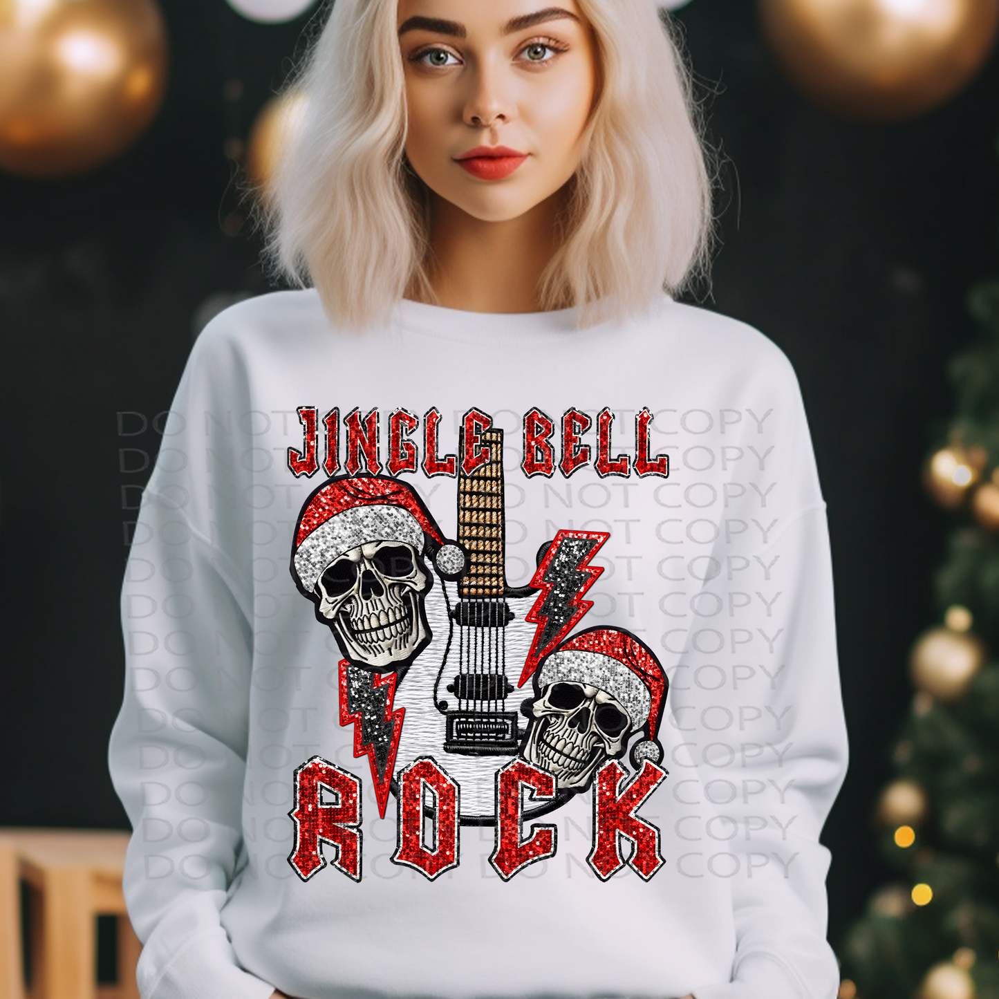 Jingle Bell Rock Skulls Faux Embroidery and Sparkles DTF & Sublimation Transfer