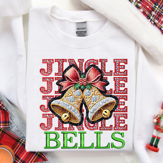 Jingle Bells Faux Rhinestone & Faux Embroidery DTF & Sublimation Transfer