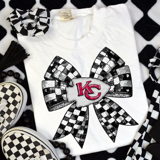 Kansas City Checker Coquette Bow Faux Sequin, Faux Rhinestone & Faux Embroidery DTF & Sublimation Transfer