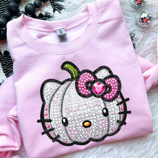 Kitty Pumpkin Faux Rhinestone & Faux Embroidery DTF & Sublimation Transfer