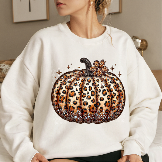 Leopard Pumpkin Faux Rhinestone & Faux Embroidery DTF & Sublimation Transfer