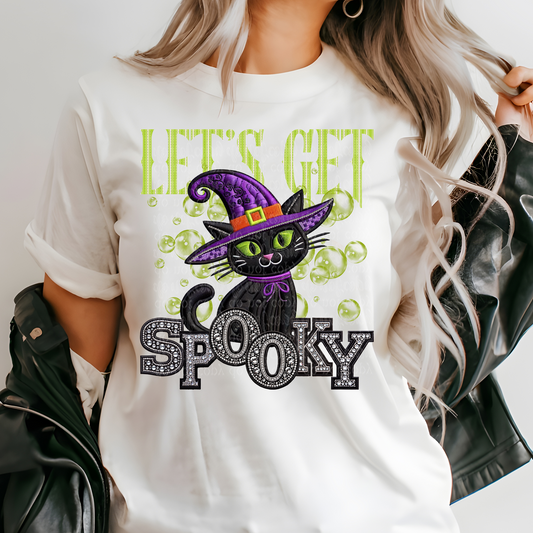 Let's Get Spooky Cat Faux Rhinestone & Faux Embroidery DTF & Sublimation Transfer