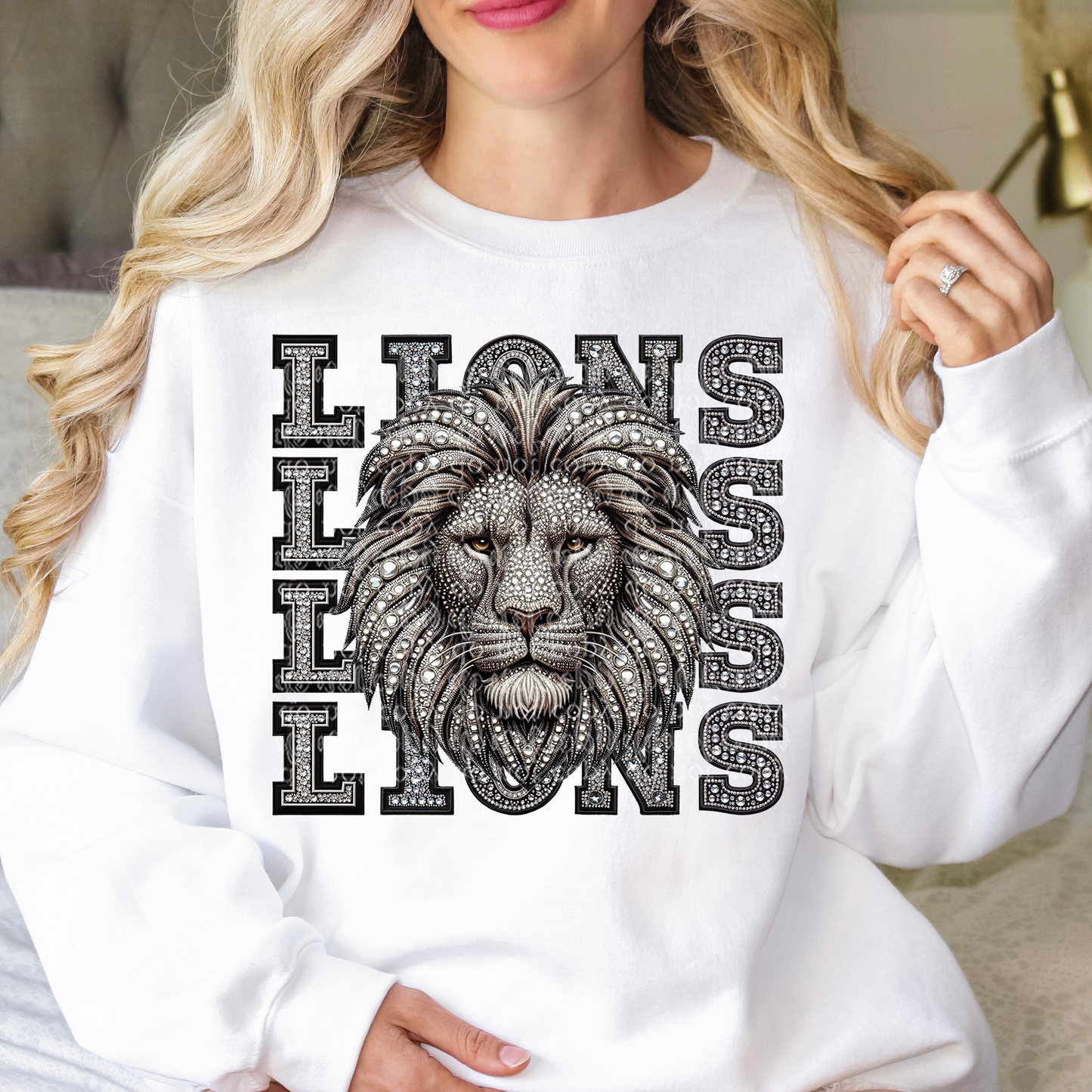 Lions Mascot Repeat Words Faux Rhinestone & Faux Embroidery DTF & Sublimation Transfer