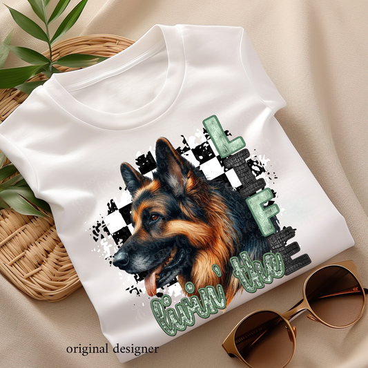 Livin' the German Shepherd Life **EXCLUSIVE** Faux Embroidery, Etched Metal, & Sparkle DTF & Sublimation Transfer