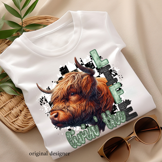 Livin' the Highland Cow Life **EXCLUSIVE** Faux Embroidery, Etched Metal, & Sparkle DTF & Sublimation Transfer