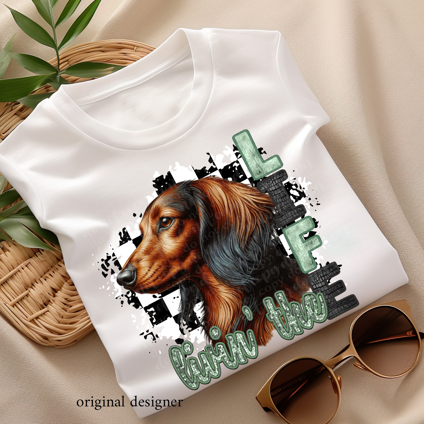 Livin' the Longhaired Dachshund Life **EXCLUSIVE** Faux Embroidery, Etched Metal, & Sparkle DTF & Sublimation Transfer