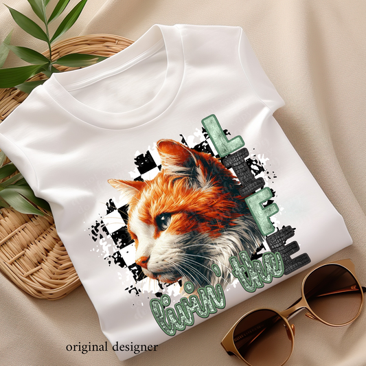 Livin' the Orange and White Cat Life **EXCLUSIVE** Faux Embroidery, Etched Metal, & Sparkle DTF & Sublimation Transfer