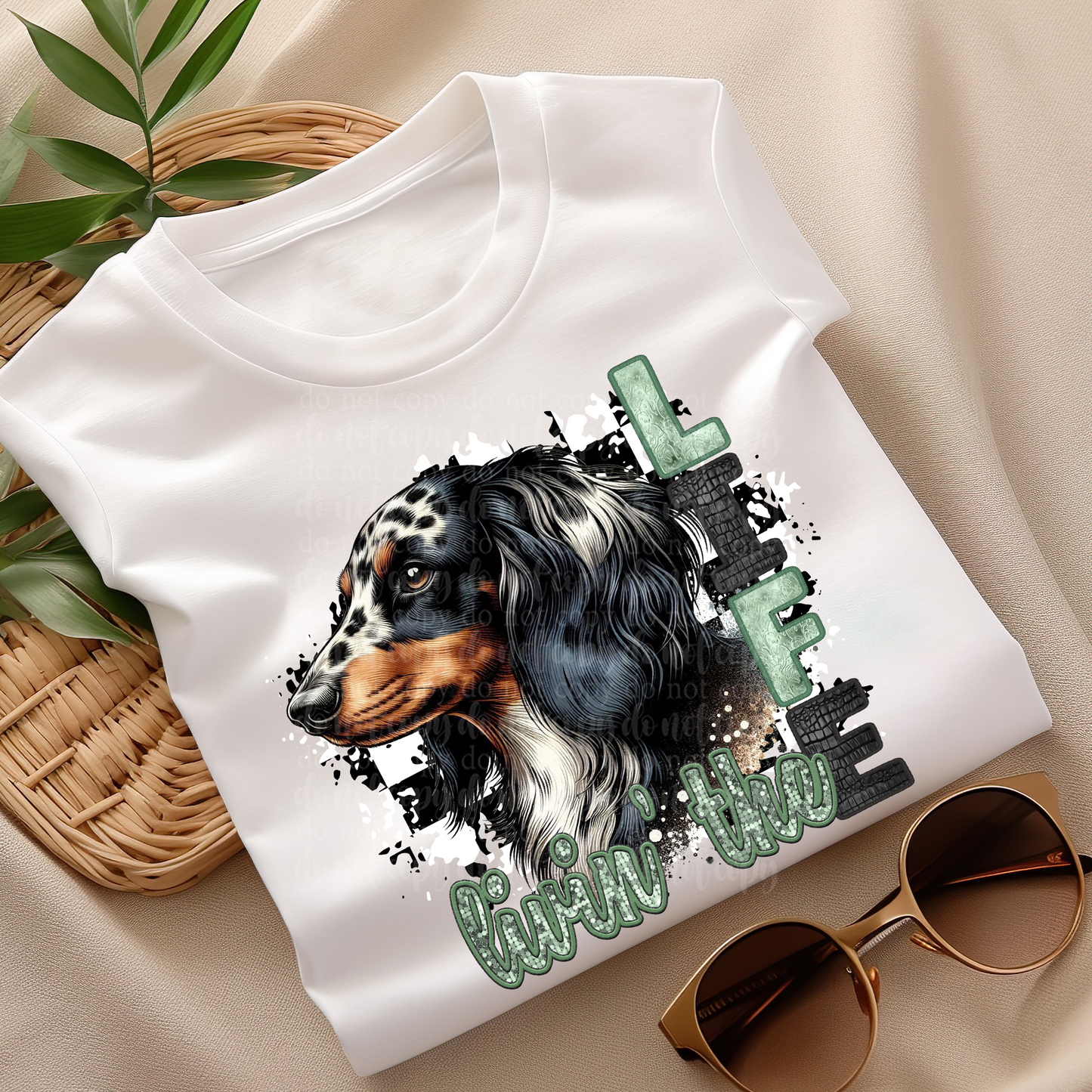 Livin' the Piebald Dachshund Long Haired Life **EXCLUSIVE** Faux Embroidery, Etched Metal, & Sparkle DTF & Sublimation Transfer