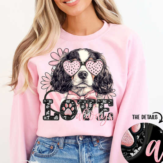 Love Always Black & Tan King Charles Cavalier Spaniel Faux Embroidery DTF & Sublimation Transfer