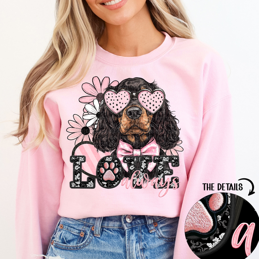 Love Always Black Brown Cocker Spaniel Faux Embroidery DTF & Sublimation Transfer