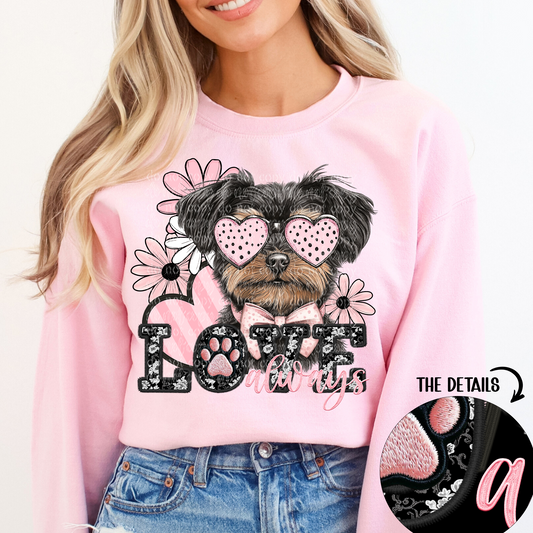 Love Always Black Brown Maltese Faux Embroidery DTF & Sublimation Transfer