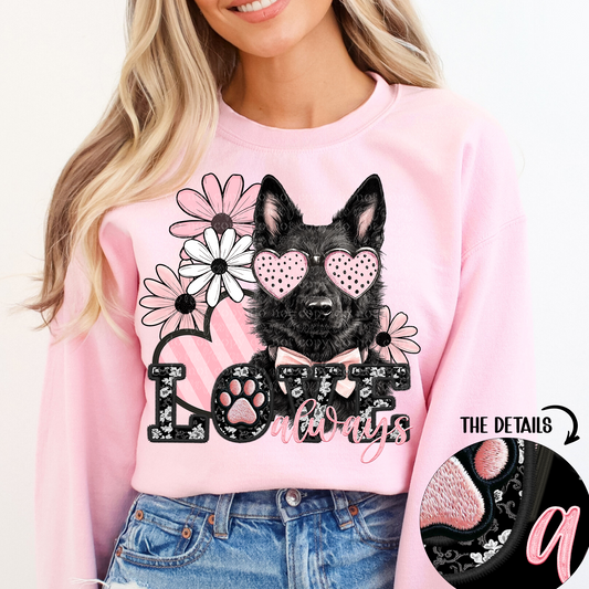 Love Always Black German Shepherd Faux Embroidery DTF & Sublimation Transfer