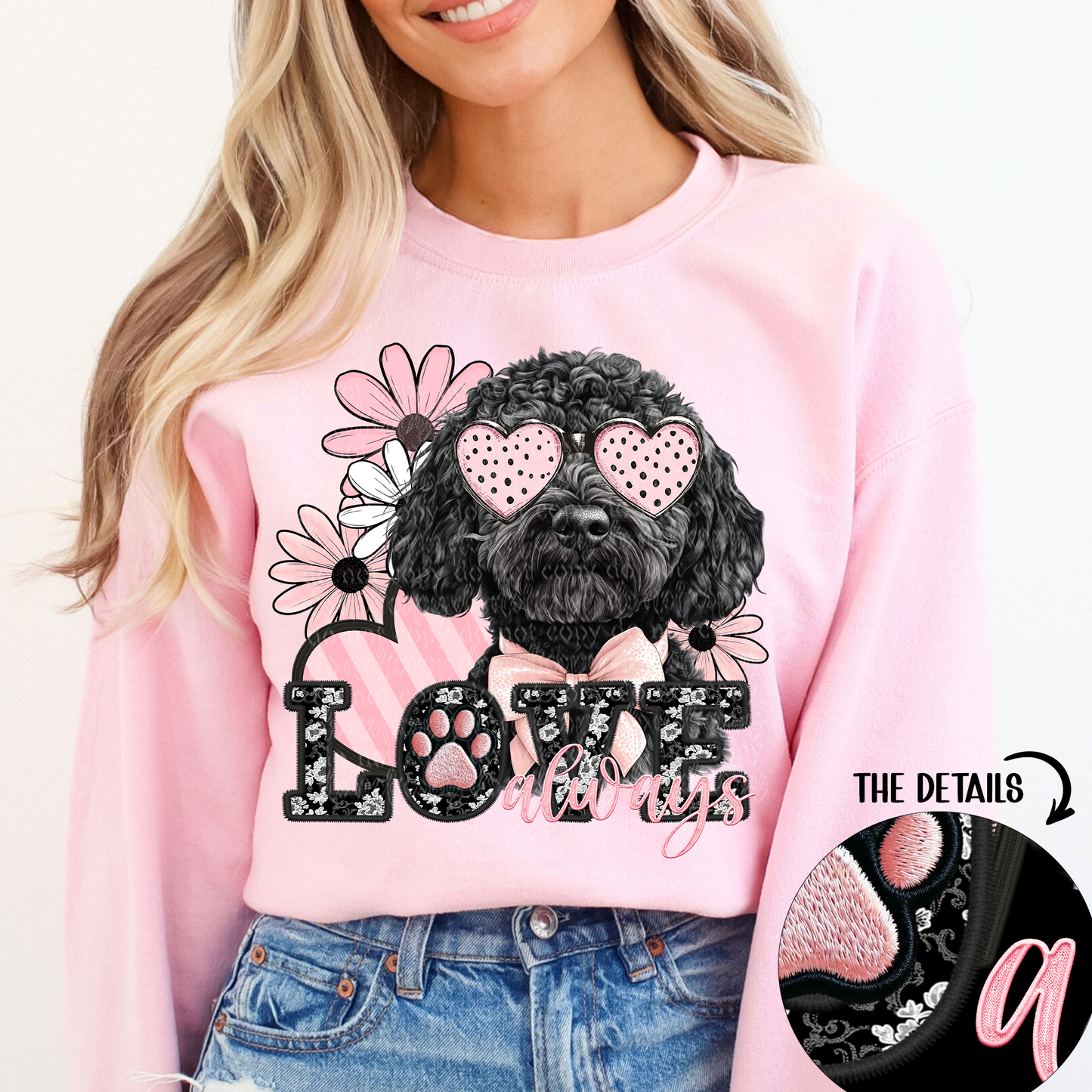 Love Always Black Golden Doodle Faux Embroidery DTF & Sublimation Transfer