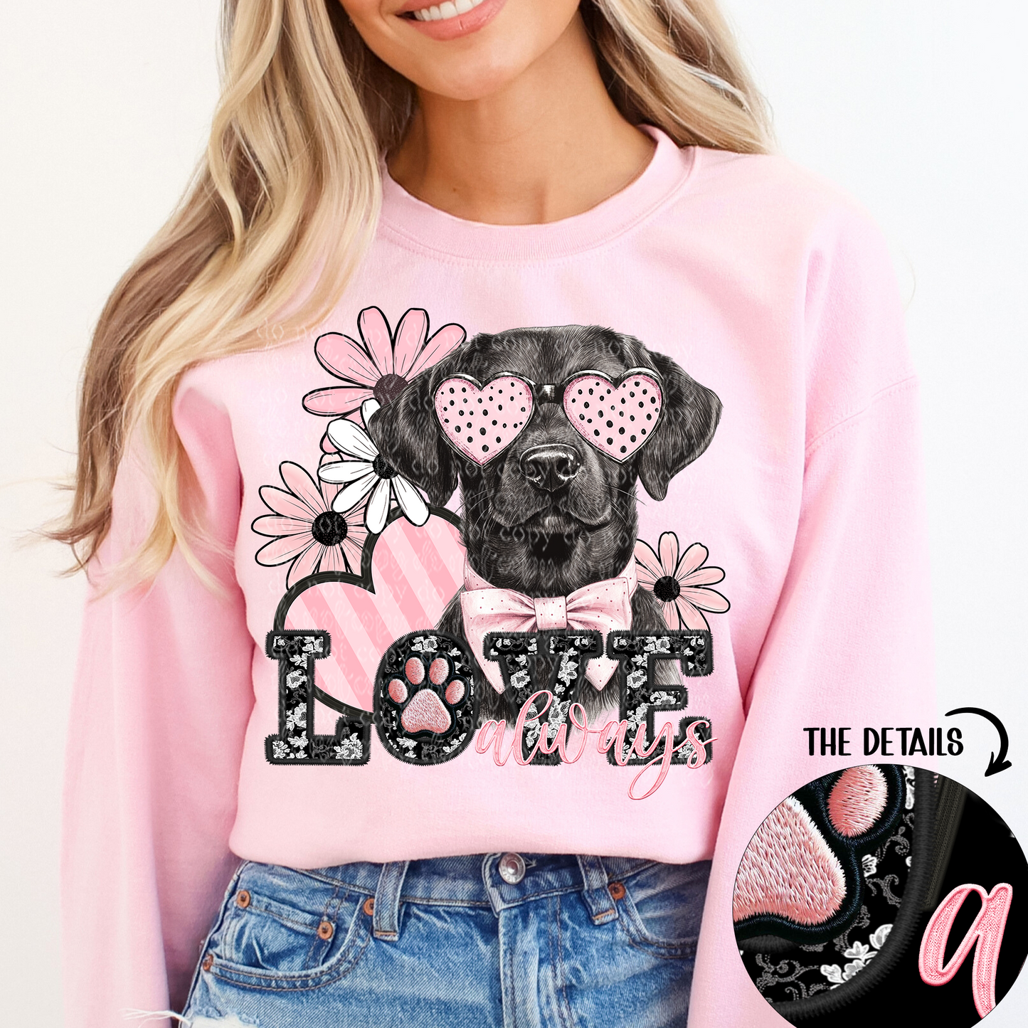 Love Always Black Labrador Retriever Faux Embroidery DTF & Sublimation Transfer