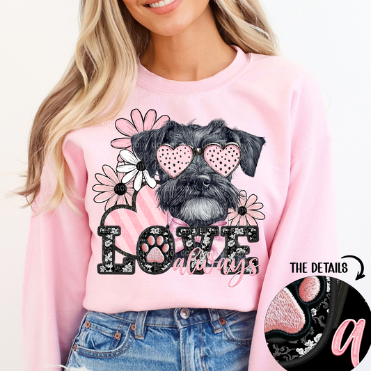 Love Always Black Schnauzer Faux Embroidery DTF & Sublimation Transfer