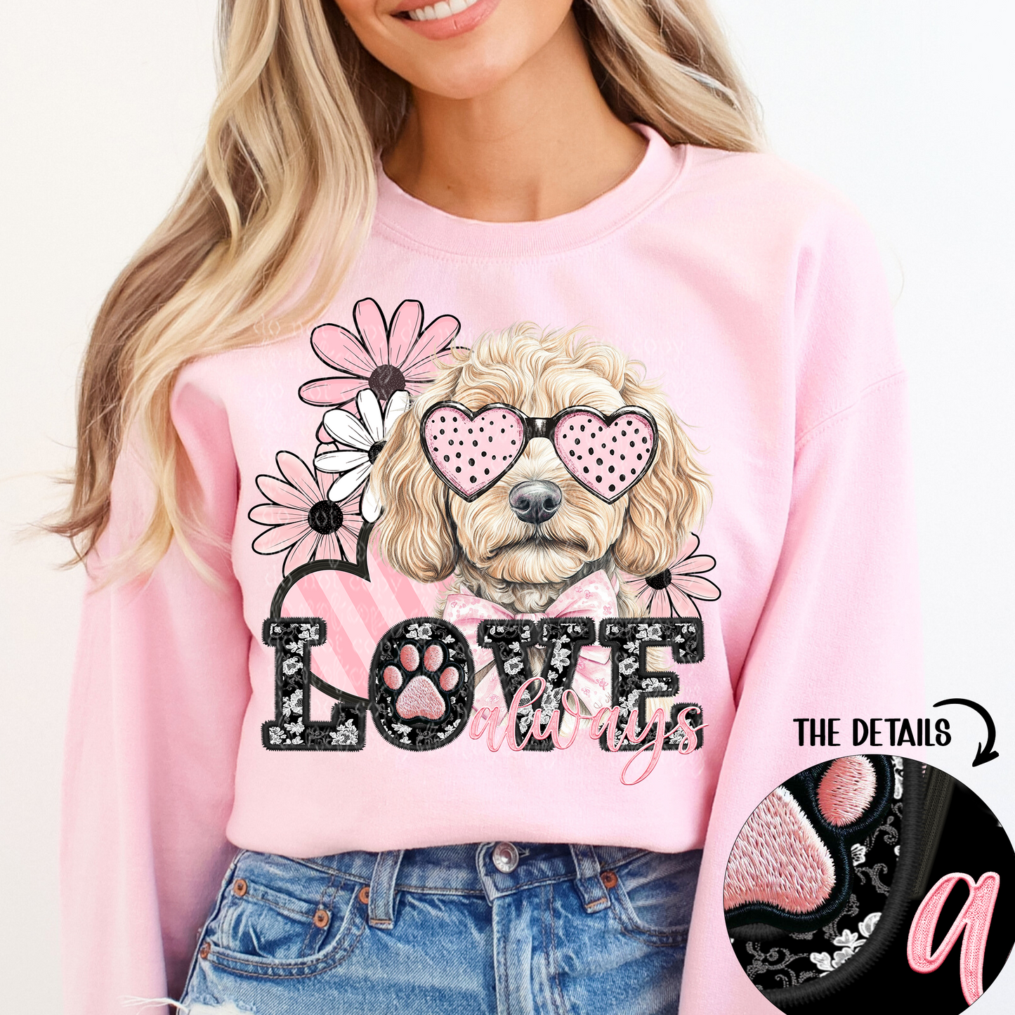 Love Always Blond Golden Doodle Faux Embroidery DTF & Sublimation Transfer