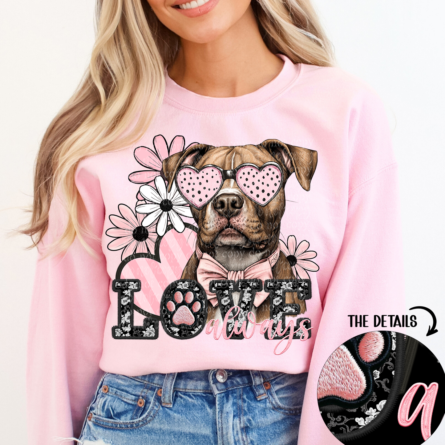 Love Always Brown Pitbull Faux Embroidery DTF & Sublimation Transfer