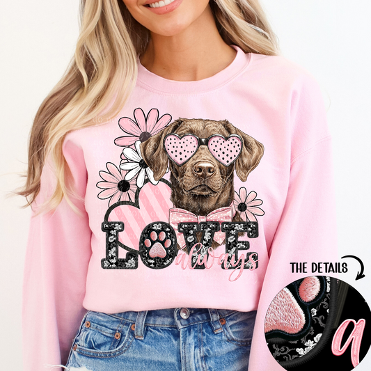 Love Always Chocolate Labrador Retriever Faux Embroidery DTF & Sublimation Transfer