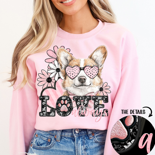 Love Always Corgi Faux Embroidery DTF & Sublimation Transfer