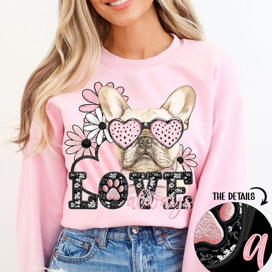 Love Always Cream French Bulldog Faux Embroidery DTF & Sublimation Transfer