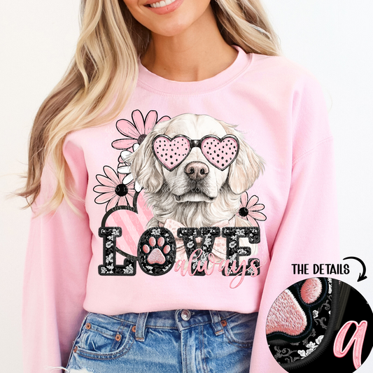 Love Always Cream Golden Retriever Faux Embroidery DTF & Sublimation Transfer