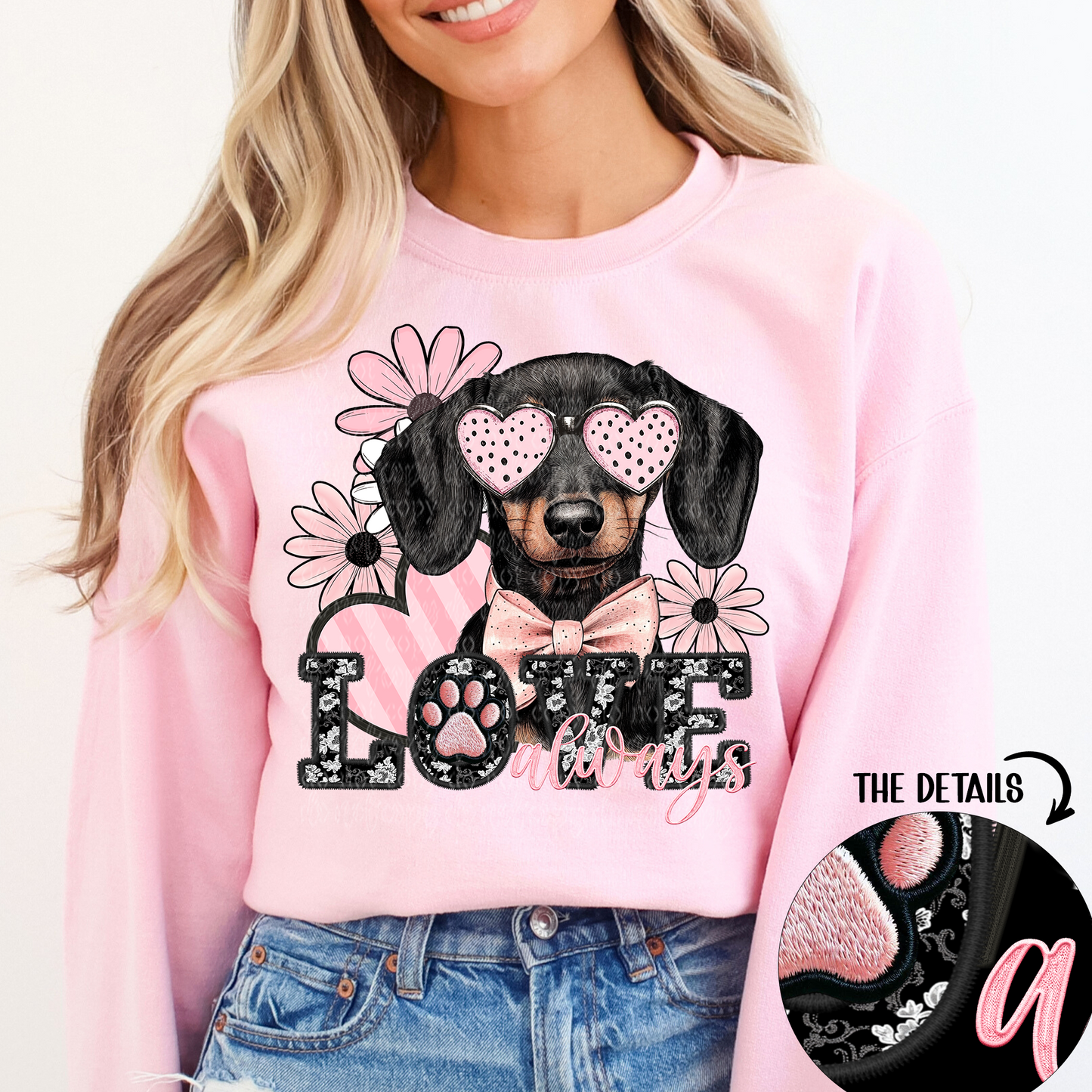 Love Always Dachshund Faux Embroidery DTF & Sublimation Transfer