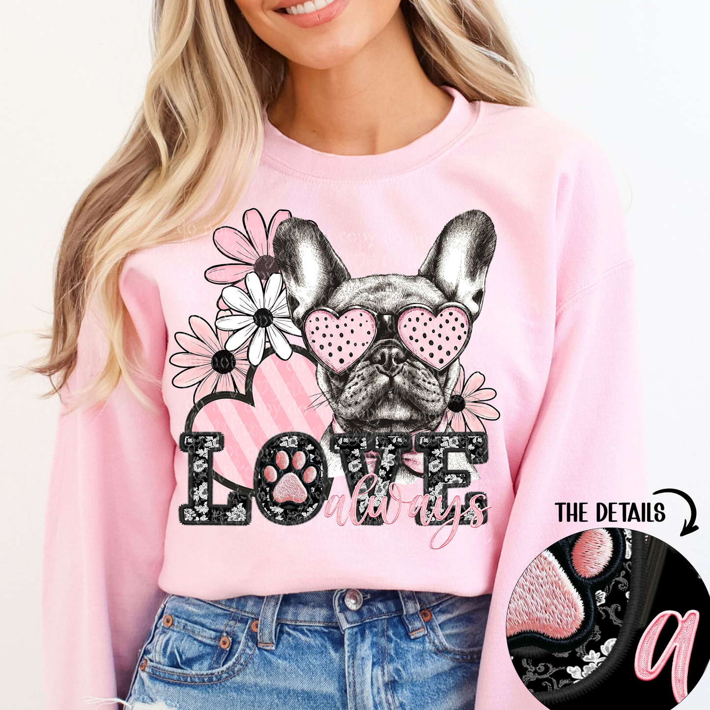 Love Always French Bulldog Faux Embroidery DTF & Sublimation Transfer