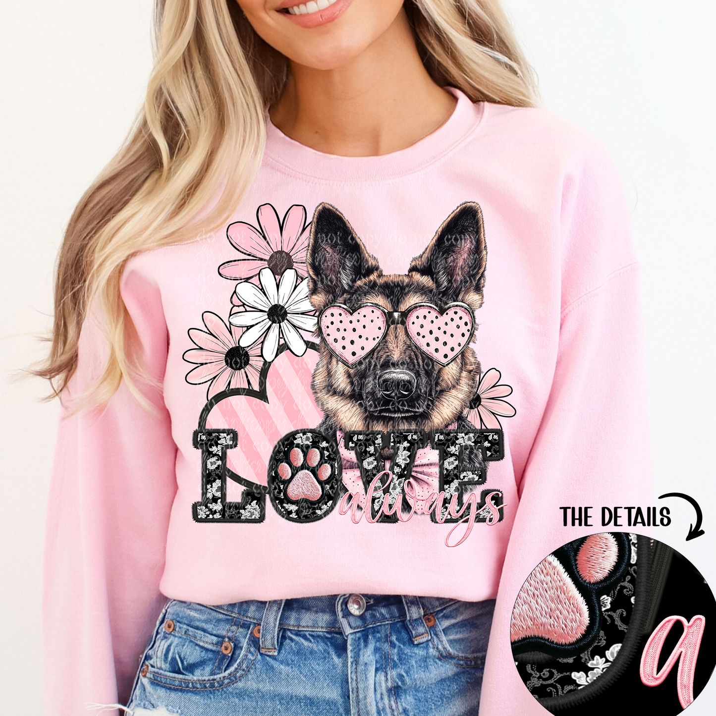 Love Always German Shepherd Faux Embroidery DTF & Sublimation Transfer