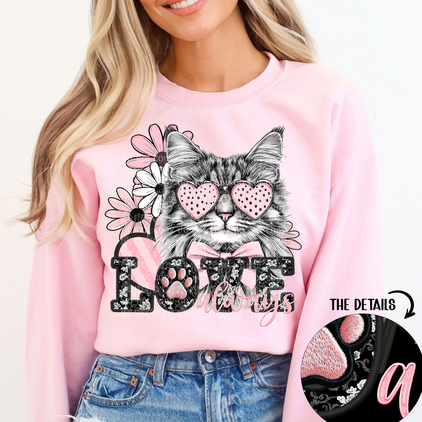 Love Always Gray Tabby Cat Faux Embroidery DTF & Sublimation Transfer